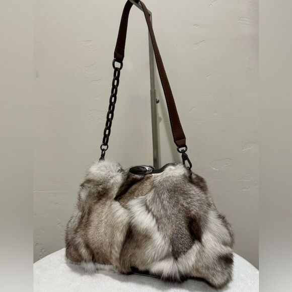 Natural Fox Fur Handmade Unique Metal Frame & Push Lock Shoulder Bag, Crossbody - Picture 11 of 16